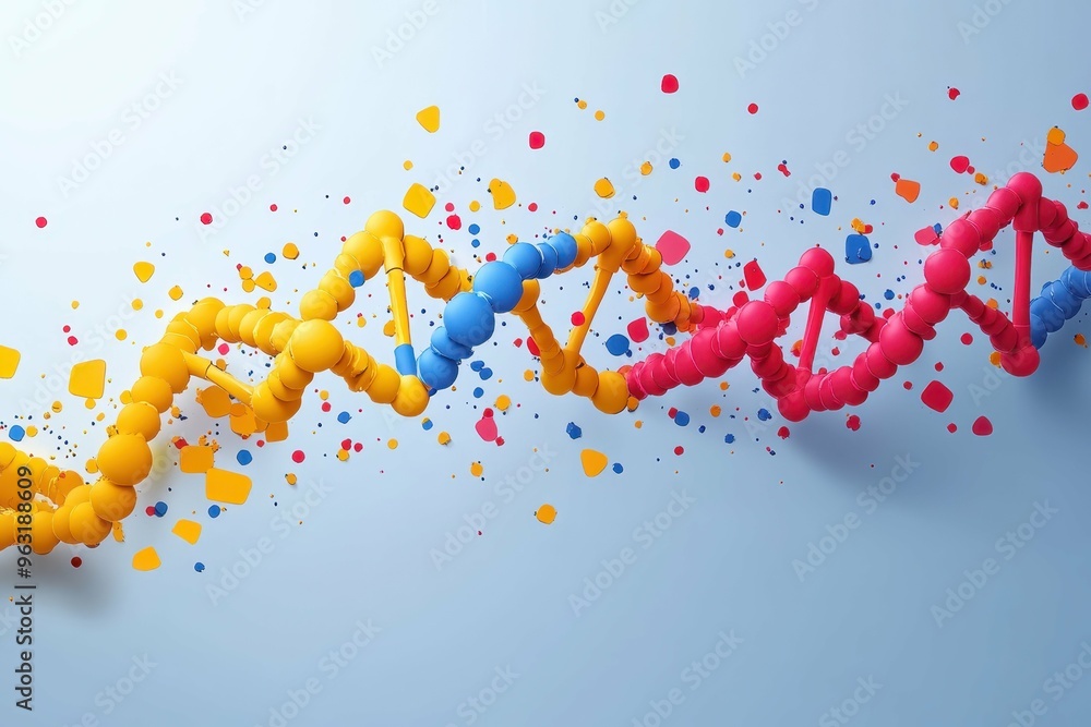 Poster geometric abstract forms intersecting with colorful dna strands symbolizing the scientific control o