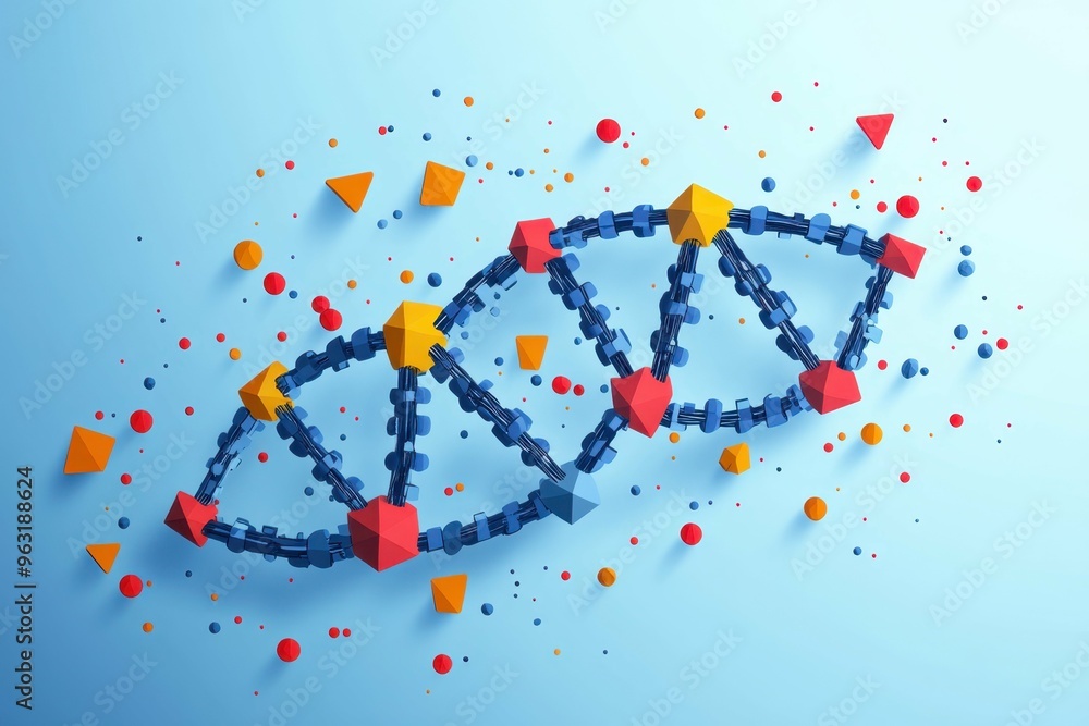 Poster minimalistic dna strands connecting into geometric shapes representing gene editing processes, empha