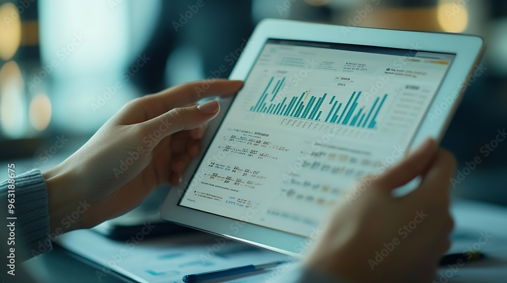 Poster Business finance and investment concept Businessman using digital tablet analyzing and calculating financial data with economic graph growth chart Business strategy and planning market : Generative AI