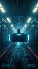 Futuristic sci-fi tunnel with glowing blue lights and floating black virtual reality glasses. Abstract digital background for innovation, tech, gaming, and immersive virtual environment concepts.