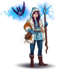 Game character woman shaman with magic animal and stick