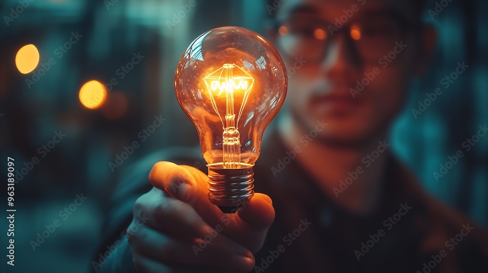 Poster Hand man holding illuminated lightbulb idea innovation and inspiration with glowing virtual brain smart intelligent creativity with bulbs Motivation and innovation concept : Generative AI
