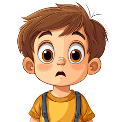 Obraz premium A cartoon boy with wide eyes and a surprised expression wearing a yellow shirt and blue overalls isolated on transparency PNG background, suitable for children's stories, educational content