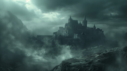 Fototapeta premium A dark castle viewed from a distant vantage point, with dark clouds and swirling mist enveloping the castle, and a sense of foreboding as if the castle is hiding dark secrets