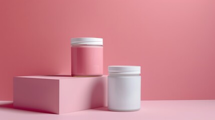 White cosmetic cream jar mockup and pink jar on geometric cube stand against pastel pink background. Minimalist showcase for skincare or haircare branding with space for text or logo presentation.