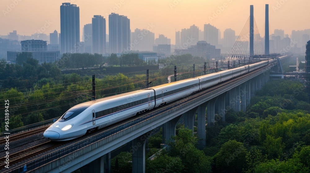 Leinwandbilder high-definition shot of a high-speed train on elevated tracks, emphasizing its sleek profile and the