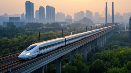 Naklejka premium High-definition shot of a high-speed train on elevated tracks, emphasizing its sleek profile and the impressive infrastructure supporting its rapid transit.