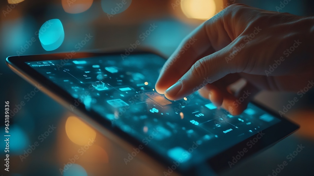 Aufkleber close up businessman hand press on digital tablet screen to use ppc in affiliated program and SEO function to make money online for social media marketing and technology concept : Generative AI