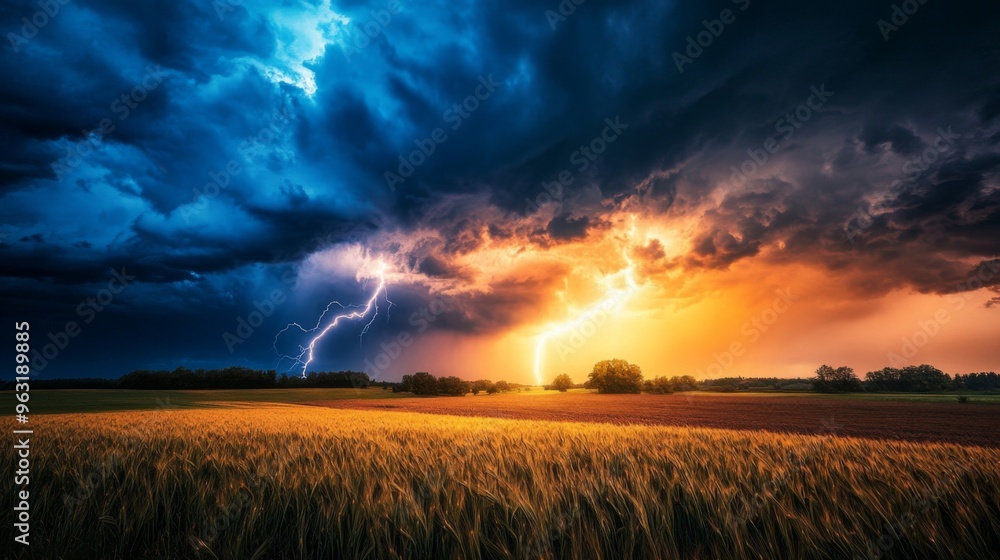 Poster high-definition shot of a lightning storm over a rural landscape, with dark clouds and bright lightn
