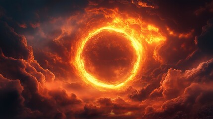 Fototapeta premium Fiery clouds swirling around a vivid, glowing round portal, A fiery circle shines in the dark y sky