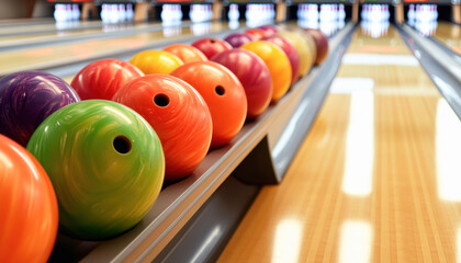 Colorful bowling balls lying on rack in bowling alley