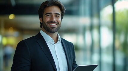 Fototapeta premium Smiling busy young latin business man manager using tablet computer happy hispanic businessman executive looking at tab device analyzing finance trading market data working standing in : Generative AI