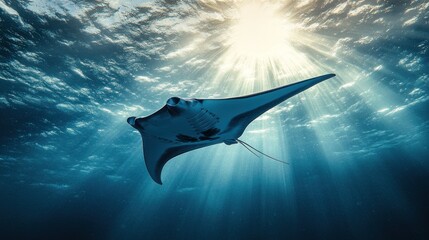 Manta Ray Swimming Through Sunbeams