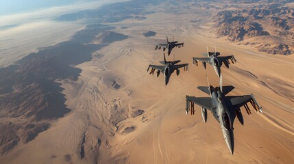 61. A squadron of fighter jets flying in precision formation over a desert
