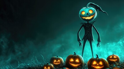 Pumpkin head creature before a solid dark teal colored background, with glowing halloween pumpkins