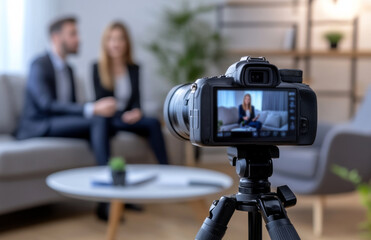Close-up of a camera on a tripod recording a conversation between a woman and a man 