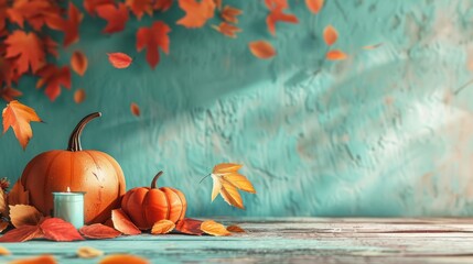 Autumn still life with pumpkins and orange leaves against a blue textured wall background. Seasonal composition with warm colors perfect for Thanksgiving greeting card or festive decoration.