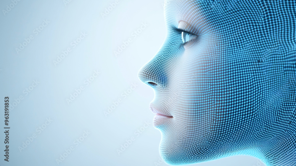 Poster a futuristic humanoid robotic face rendered in a blue wireframe design, symbolizing advanced technol