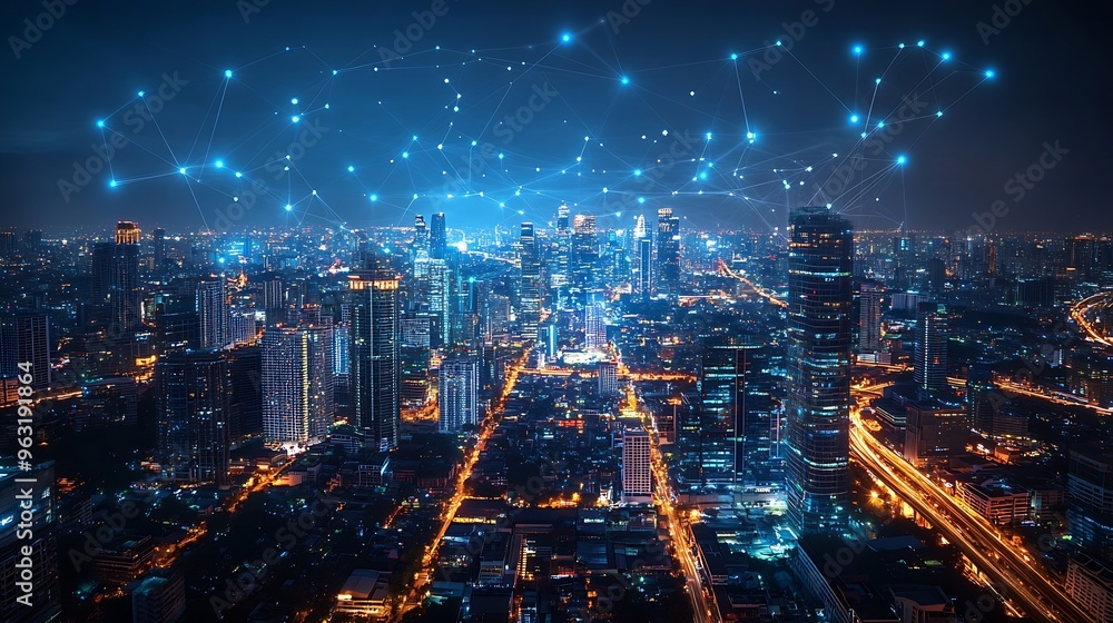 Poster Wireless network and Connection technology concept with Abstract Bangkok city background in panorama view : Generative AI