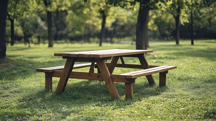 Park Picnic table bench rest relax outdoors Benches and tables on green grass in recreational area : Generative AI