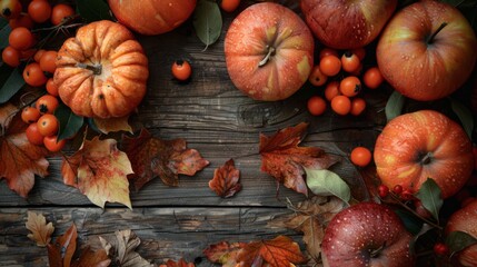 Autumn still life with orange pumpkins, red apples, berries, and colorful leaves on aged wooden background. Top view seasonal composition for Thanksgiving or Halloween greeting card with copy space.