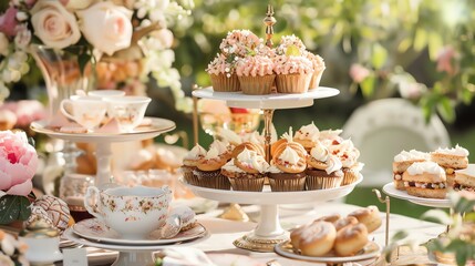 Naklejka premium A table set with a variety of desserts and treats.