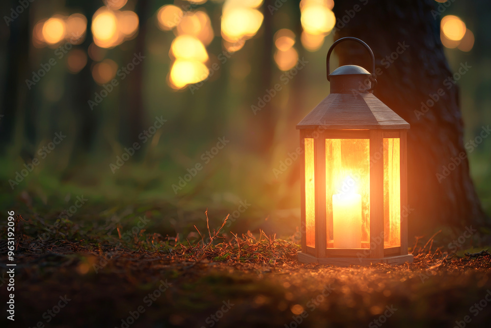 Poster a glowing lantern illuminating a serene forest scene at sunset, creating a warm and inviting atmosph