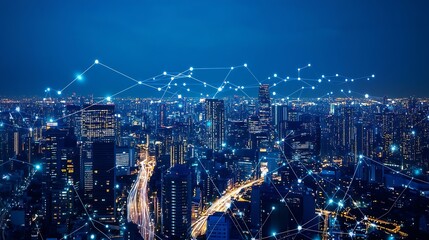 Smart digital city with globalization abstract graphic showing connection network  Concept of future 5G smart wireless digital city and social media networking systems : Generative AI