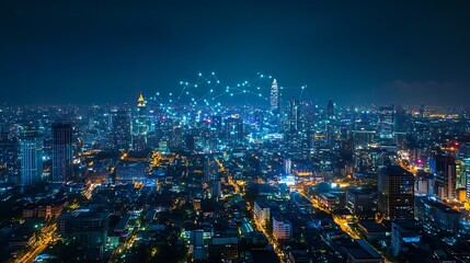 Fototapeta premium Smart city dot point connect with gradient line connection technology metaverse concept Bangkok Thailand night city banner with big data : Generative AI