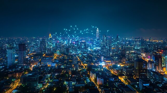 Smart city dot point connect with gradient line connection technology metaverse concept Bangkok Thailand night city banner with big data : Generative AI