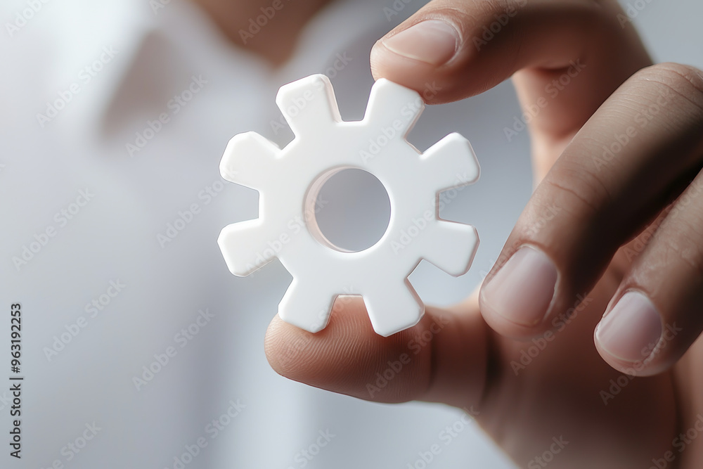 Poster a hand holding a white gear symbolizing settings and configuration, reflecting precision and technol