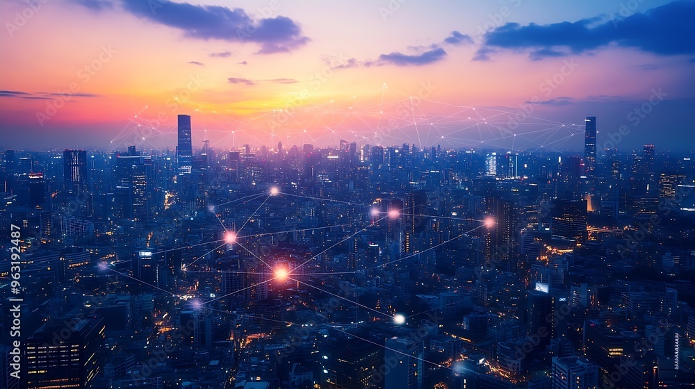 Poster Smart digital city with connection network reciprocity over the cityscape  Concept of future smart wireless digital city and social media networking systems that connects people within : Generative AI