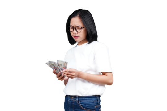 An sad asian woman counting money isolated transparent