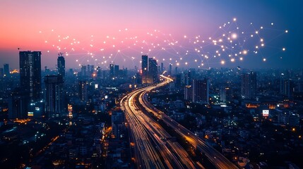 Fototapeta premium Modern city with wireless network connection and city scape conceptWireless network and Connection technology concept with city background at night : Generative AI