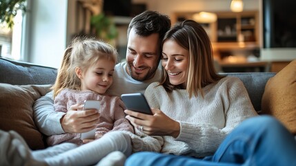 Positive family man hugging woman holding mobile phone using smartphone sitting on comfortable sofa in room in cozy home little daughter drawing on floor Concept of technology online s : Generative AI