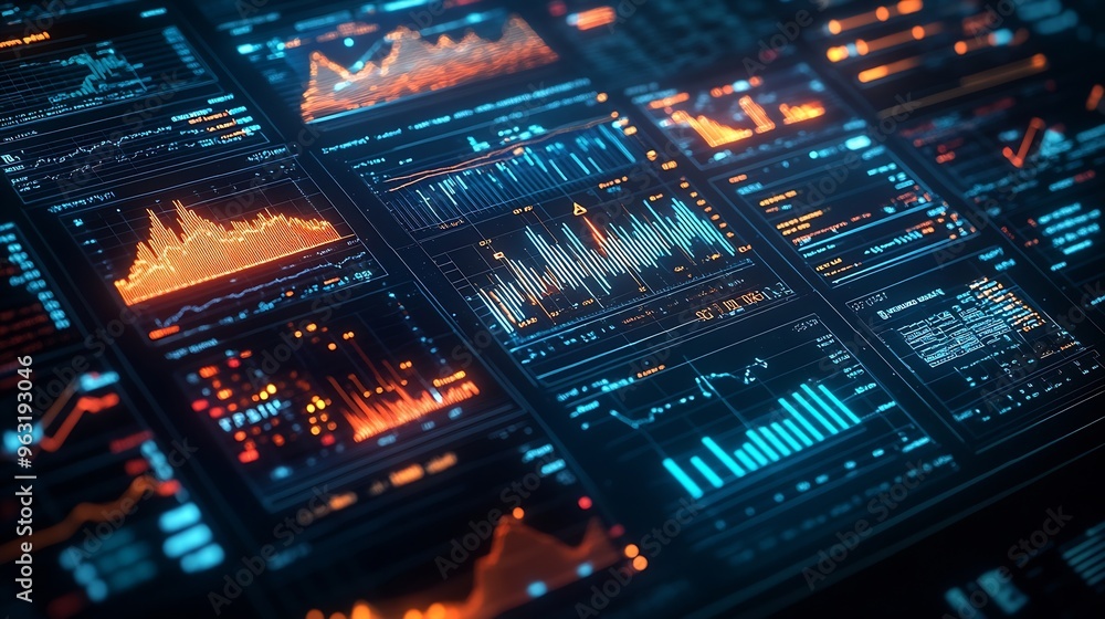 Poster Data analytics automated with AI technology Big data business analytics and artificial intelligence automation Dashboard report with sales and operations charts and KPI insights on tou : Generative AI
