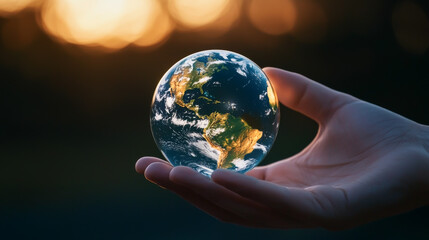 Fototapeta premium A person holds a transparent globe representing Earth, symbolizing care for the environment and global unity at sunset.