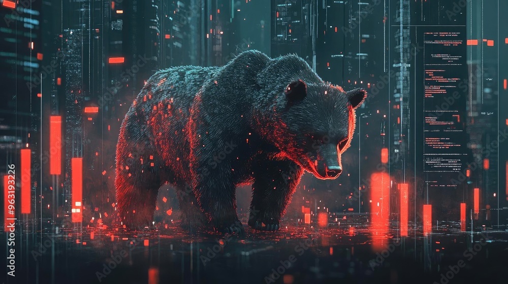 Poster a digital bear emerging from vibrant data streams, symbolizing strength and resilience in a modern, 
