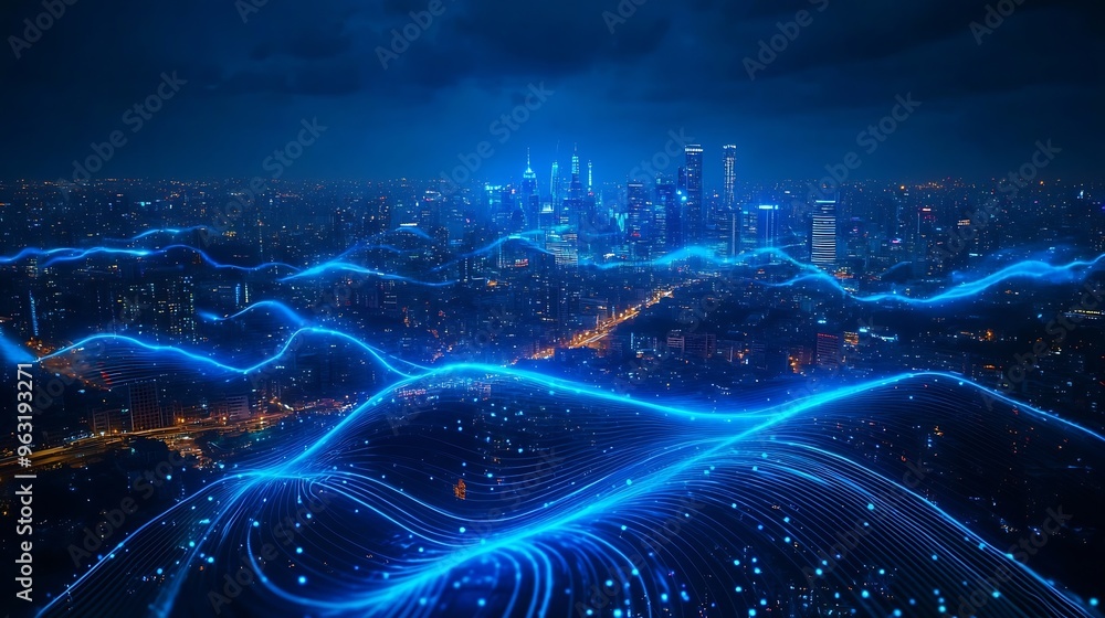 Poster smart city and big data connection technology concept with digital blue wavy wires with antennas on 