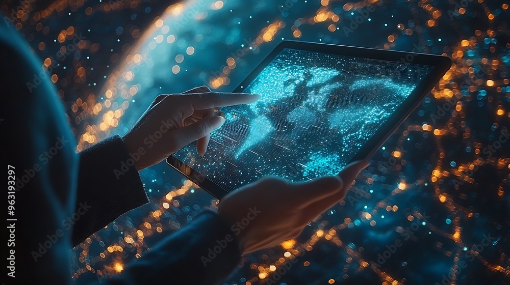 Poster Global internet network connection global business internet of thing concept Business man using digital tablet social networking digital marketing internet technology futuristic tech b : Generative AI