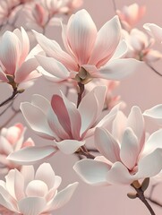 Soft Pastel Pink Magnolia Blooms Closeup on Blurry Natural Background