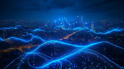 Smart city and big data connection technology concept with digital blue wavy wires with antennas on night megapolis city skyline background double exposure : Generative AI
