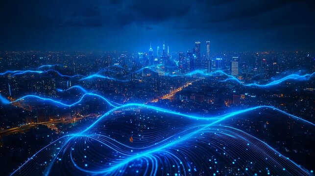 Smart city and big data connection technology concept with digital blue wavy wires with antennas on night megapolis city skyline background double exposure : Generative AI - Powered by Adobe