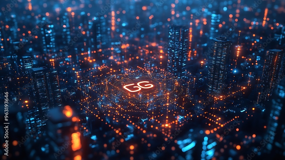 Poster 5G network digital hologram and internet of things on city background5G network wireless systems : Generative AI