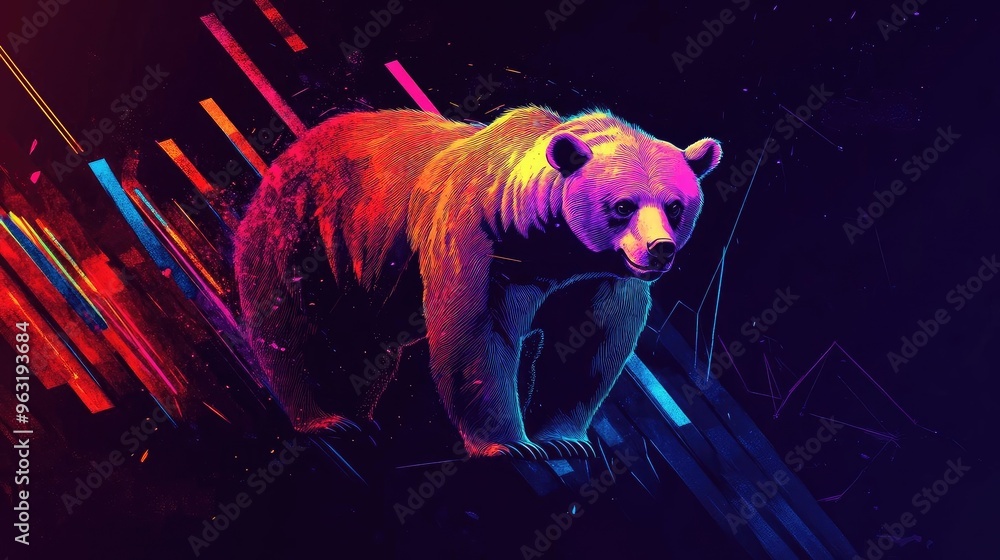 Poster a vibrant and colorful bear illustration, featuring dynamic shapes and glowing lines against a dark 