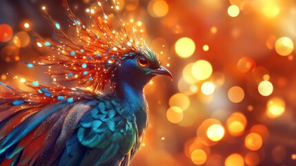 Obraz premium High-resolution close-up of a beautiful bird with intricate plumage, set against a backdrop of warm, glowing lights that enhance its vivid colors.