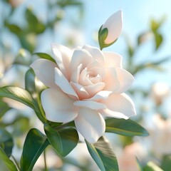 Fototapeta premium Delicate White Rose Blossom with Pink Hues in Spring Garden