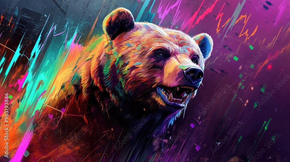 Poster A vibrant and dynamic illustration of a bear, blending colors and abstract patterns for a modern artistic flair.