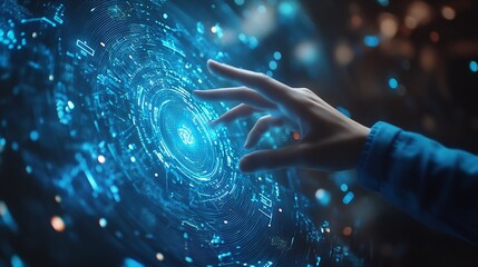 A person interacting with a futuristic holographic interface featuring digital data and connections on a blue background showcasing technology concept : Generative AI