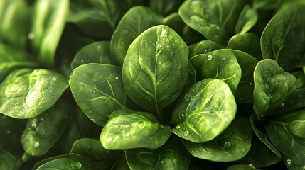 Fresh Green Spinach Leaves Closeup in Organic Garden Field